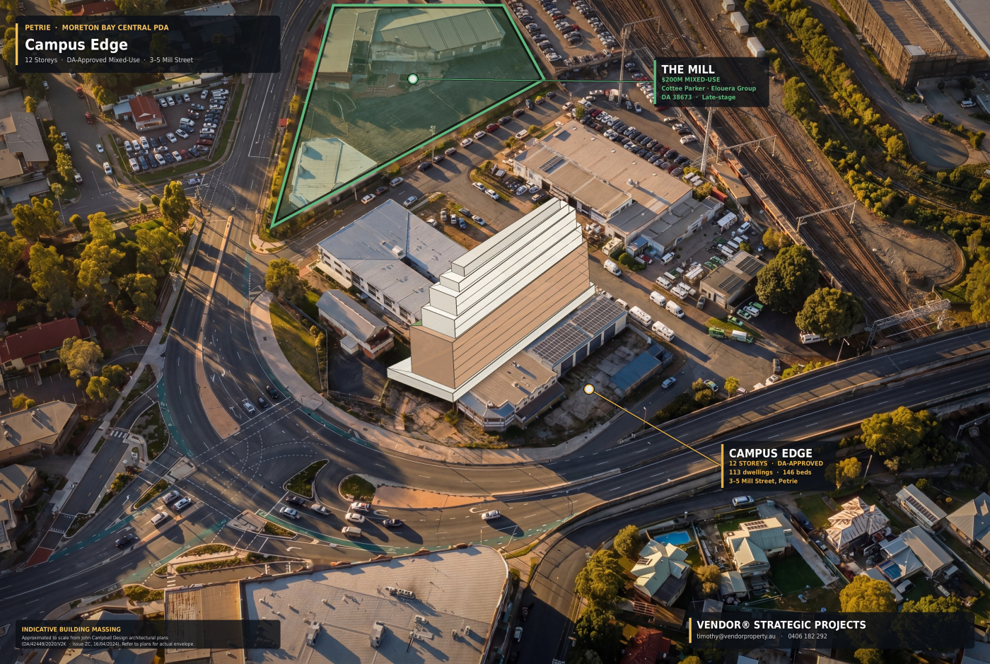 Indicative building massing — Campus Edge site outlined within the Moreton Bay Central PDA