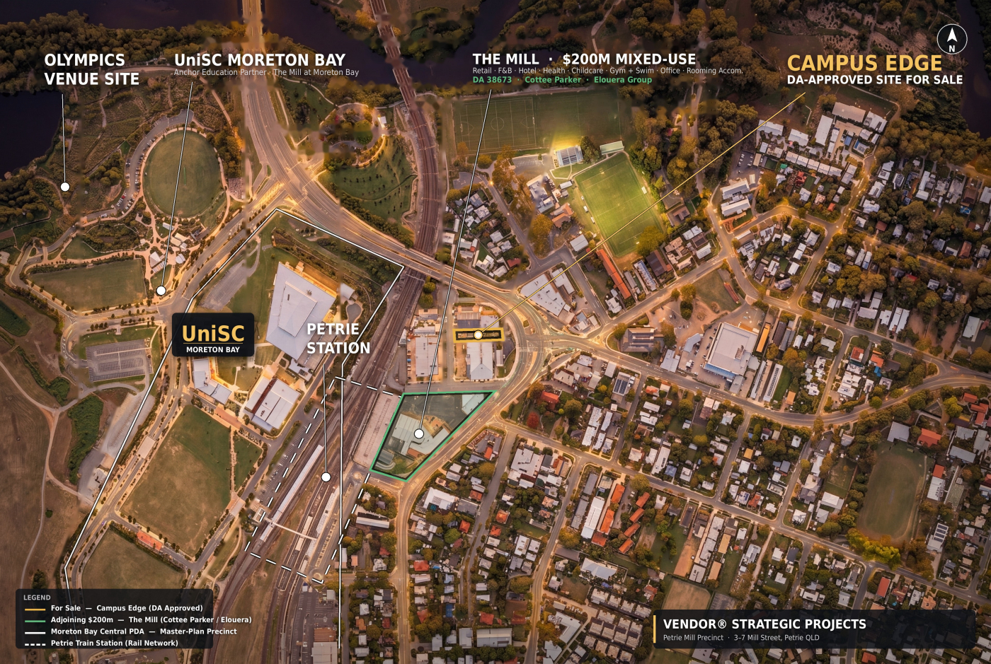 Precinct map — Olympic venue, UniSC Moreton Bay, Petrie Station and The Mill around the Campus Edge site